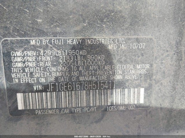 2008 Subaru Impreza  (natl) I მანქანა იყიდება აუქციონზე, vin: JF1GE61678H515411, აუქციონის ნომერი: 45272590