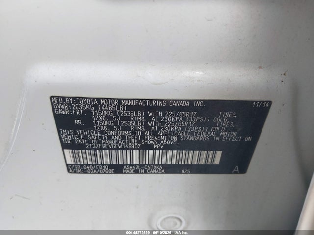 Aukcja sprzedaży 2015 Toyota Rav4 Le, vin: 2T3ZFREV6FW149807, numer aukcji: 45272599
