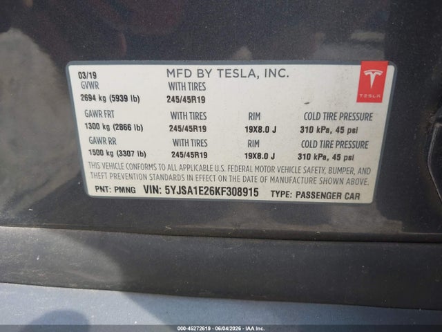 Продаж на аукціоні авто 2019 Tesla Model S 100d/75d/long Range/standard Range, vin: 5YJSA1E26KF308915, номер лоту: 45272619