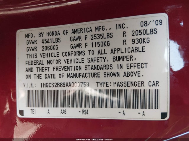 45272636 :رقم المزاد ، 1HGCS2B89AA000758 vin ، 2010 Honda Accord 3.5 Ex-l مزاد بيع