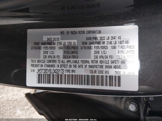 Aukcja sprzedaży 2020 Mazda Cx-9 Grand Touring, vin: JM3TCBDY6L0422172, numer aukcji: 45272650