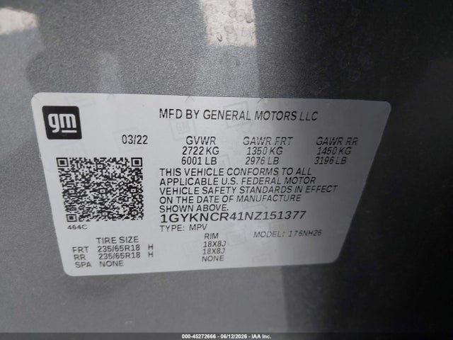 45272666 :رقم المزاد ، 1GYKNCR41NZ151377 vin ، 2022 Cadillac Xt5 Fwd Premium Luxury مزاد بيع