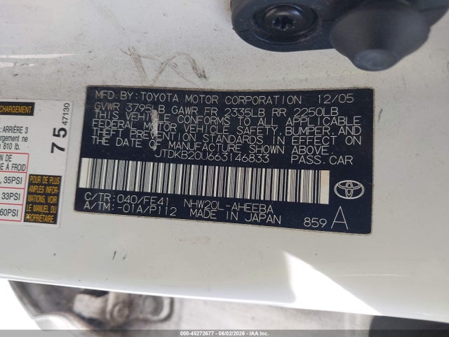 45272677 :رقم المزاد ، JTDKB20U663146833 vin ، 2006 Toyota Prius مزاد بيع