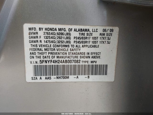 Aukcja sprzedaży 2010 Honda Pilot Lx, vin: 5FNYF4H24AB007082, numer aukcji: 45272680