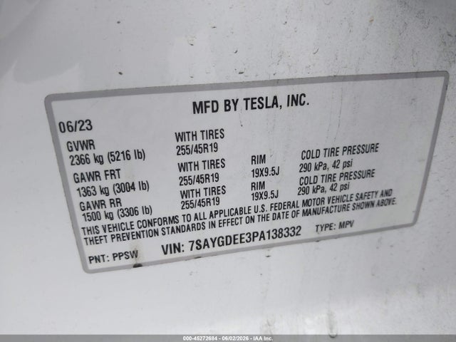 Aukcja sprzedaży 2023 Tesla Model Y Awd/long Range Dual Motor All-wheel Drive, vin: 7SAYGDEE3PA138332, numer aukcji: 45272684