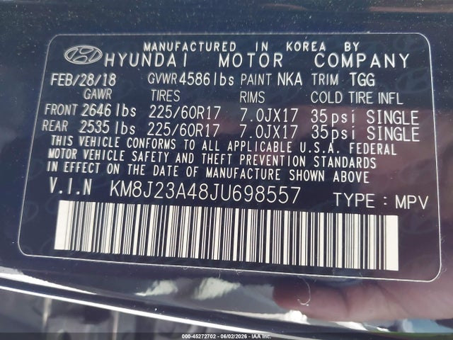 45272702 :رقم المزاد ، KM8J23A48JU698557 vin ، 2018 Hyundai Tucson Se مزاد بيع
