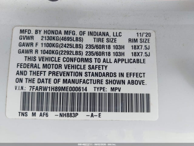 Продаж на аукціоні авто 2021 Honda Cr-v 2wd Ex-l, vin: 7FARW1H89ME000614, номер лоту: 45272711