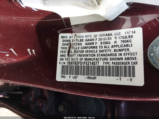 Honda Civic Lx 2015 19XFB2F51FE214577 Image 9