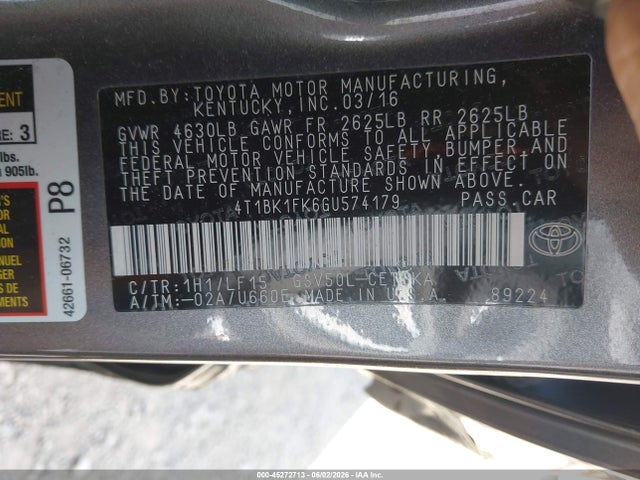 45272713 :رقم المزاد ، 4T1BK1FK6GU574179 vin ، 2016 Toyota Camry Xse V6 مزاد بيع
