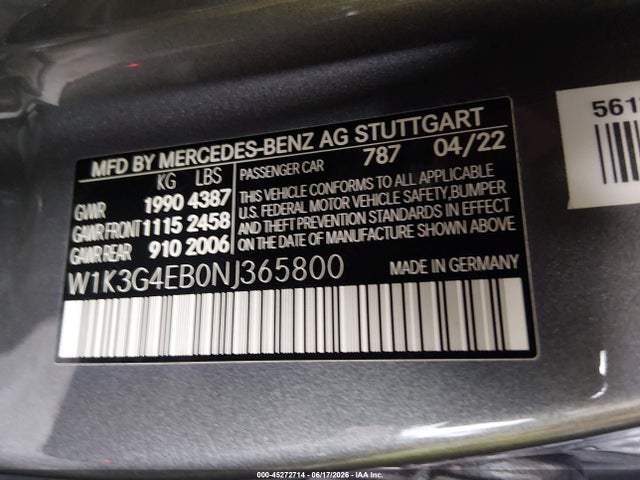 Aukcja sprzedaży 2022 Mercedes-benz A 220, vin: W1K3G4EB0NJ365800, numer aukcji: 45272714