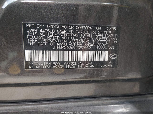 Aukcja sprzedaży 2009 Lexus Is 250, vin: JTHBK262692092559, numer aukcji: 45272725