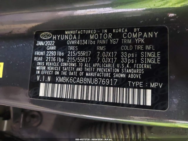 2022 Hyundai Kona Sel მანქანა იყიდება აუქციონზე, vin: KM8K6CAB8NU876917, აუქციონის ნომერი: 45272728