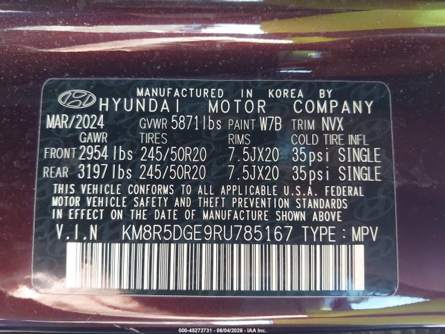 2024 Hyundai Palisade Limited მანქანა იყიდება აუქციონზე, vin: KM8R5DGE9RU785167, აუქციონის ნომერი: 45272731