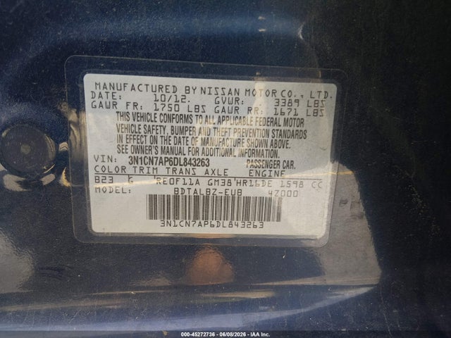 Aukcja sprzedaży 2013 Nissan Versa 1.6 Sv, vin: 3N1CN7AP6DL843263, numer aukcji: 45272736