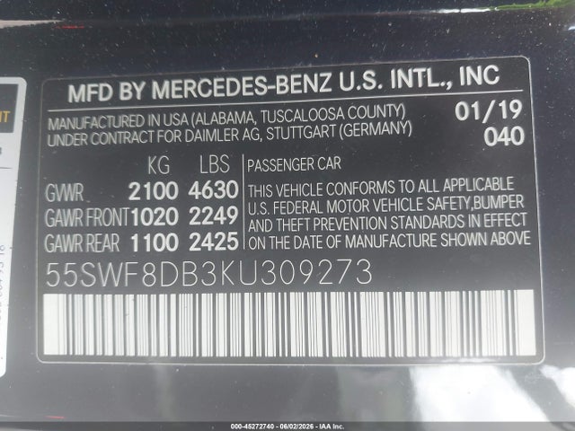 45272740 :رقم المزاد ، 55SWF8DB3KU309273 vin ، 2019 Mercedes-benz C 300 مزاد بيع