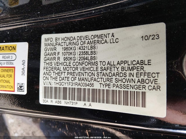 45272744 :رقم المزاد ، 1HGCY1F31RA009456 vin ، 2024 Honda Accord Ex مزاد بيع