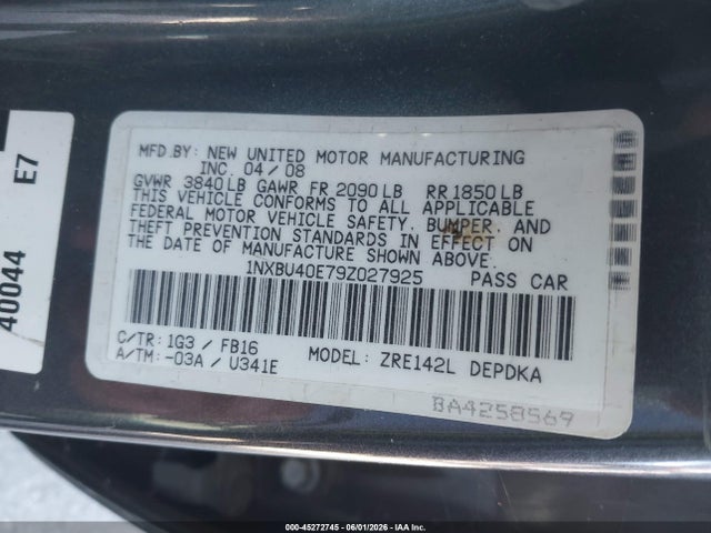 Aukcja sprzedaży 2009 Toyota Corolla, vin: 1NXBU40E79Z027925, numer aukcji: 45272745