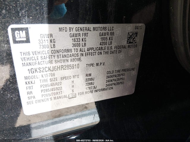 45272753 :رقم المزاد ، 1GKS2CKJ6HR285910 vin ، 2017 Gmc Yukon Denali مزاد بيع