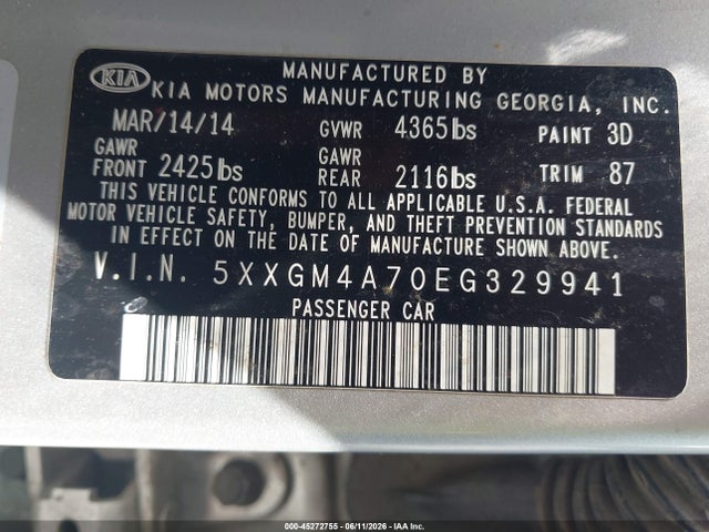 2014 Kia Optima Lx მანქანა იყიდება აუქციონზე, vin: 5XXGM4A70EG329941, აუქციონის ნომერი: 45272755