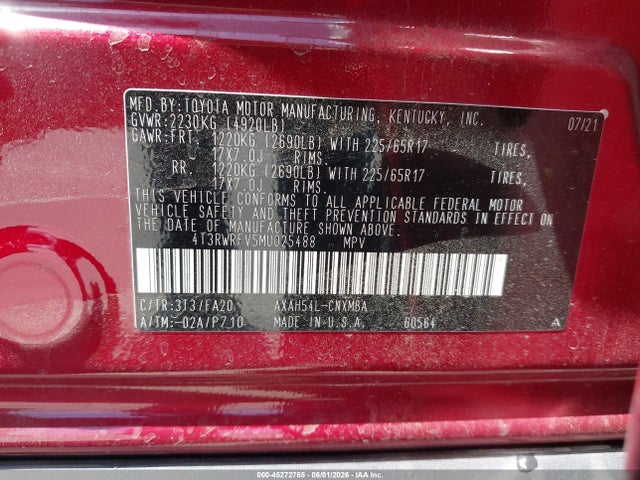 4T3RWRFV5MU025488 Toyota Rav4 Hybrid Xle