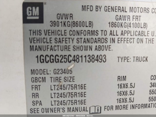 Продажа на аукционе авто 2008 Chevrolet Express Work Van, vin: 1GCGG25C481138493, номер лота: 45272767