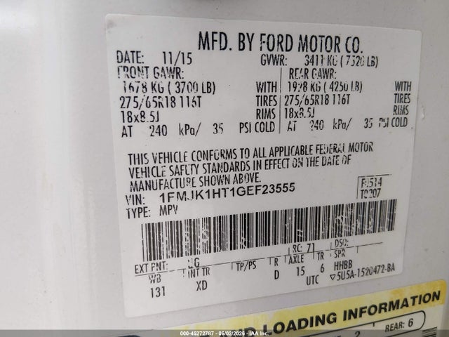 Продаж на аукціоні авто 2016 Ford Expedition El Xlt, vin: 1FMJK1HT1GEF23555, номер лоту: 45272787
