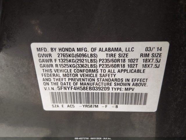 Продажа на аукционе авто 2014 Honda Pilot Ex-l, vin: 5FNYF4H58EB039209, номер лота: 45272788