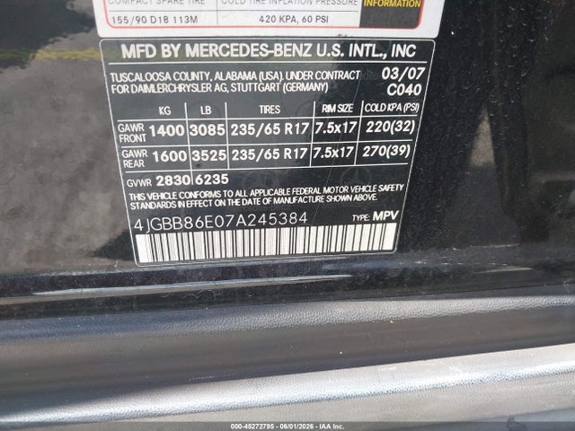 2007 Mercedes-benz Ml 350 4matic მანქანა იყიდება აუქციონზე, vin: 4JGBB86E07A245384, აუქციონის ნომერი: 45272795