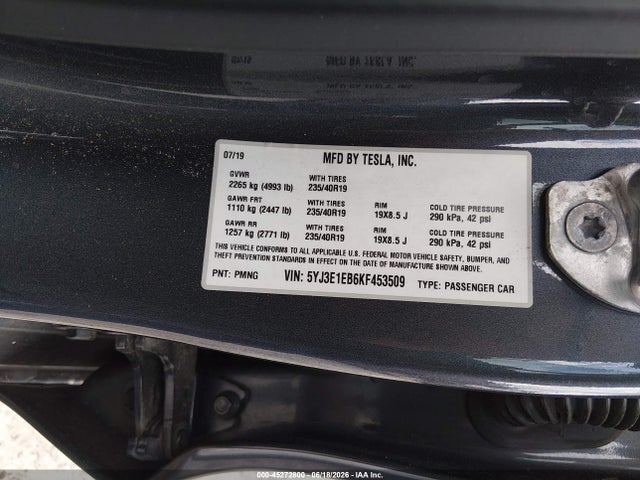 Продаж на аукціоні авто 2019 Tesla Model 3 Long Range/performance, vin: 5YJ3E1EB6KF453509, номер лоту: 45272800