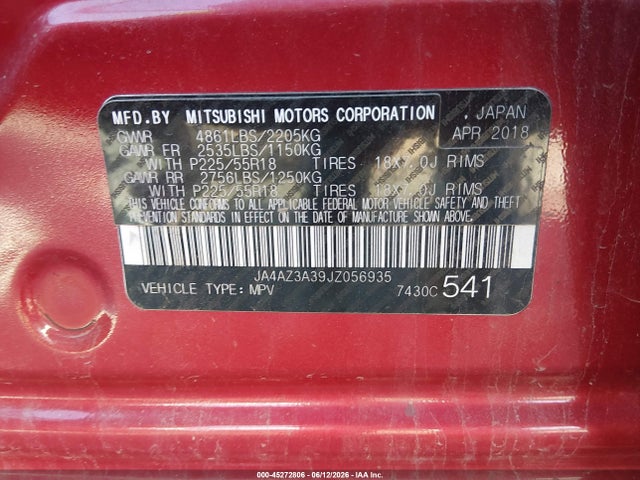 45272806 :رقم المزاد ، JA4AZ3A39JZ056935 vin ، 2018 Mitsubishi Outlander Es مزاد بيع