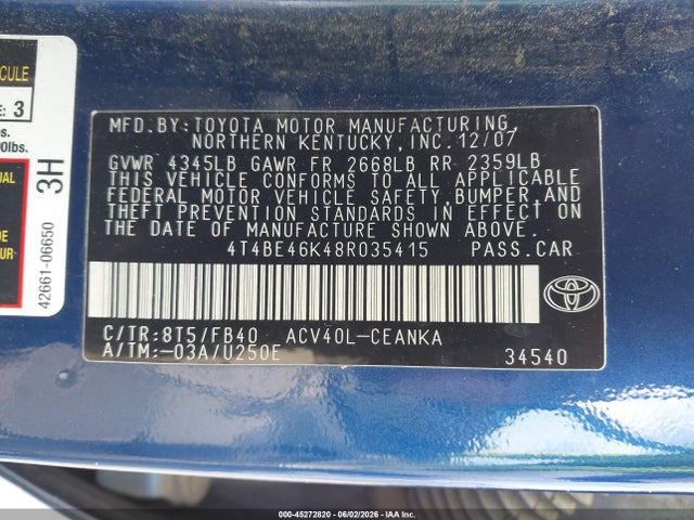 Продаж на аукціоні авто 2008 Toyota Camry Le, vin: 4T4BE46K48R035415, номер лоту: 45272820
