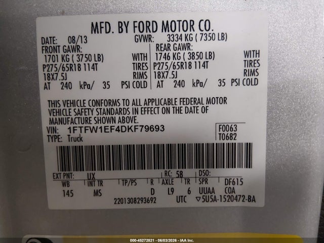 Aukcja sprzedaży 2013 Ford F-150 Xlt, vin: 1FTFW1EF4DKF79693, numer aukcji: 45272821