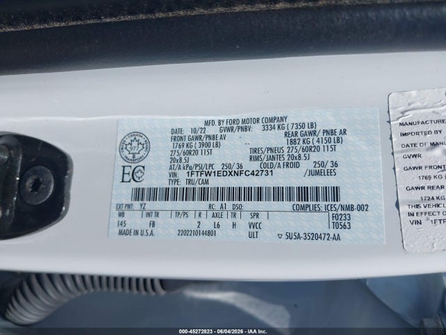 Aukcja sprzedaży 2022 Ford F-150 Xlt, vin: 1FTFW1EDXNFC42731, numer aukcji: 45272823