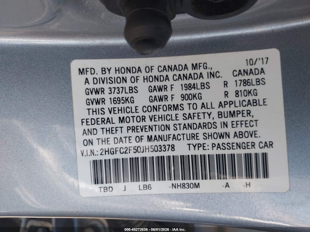 Honda Civic Lx 2018 2HGFC2F50JH503378 Image 9