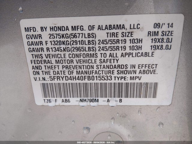 2015 Acura Mdx Technology Package მანქანა იყიდება აუქციონზე, vin: 5FRYD4H40FB015533, აუქციონის ნომერი: 45272839