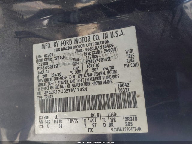 45272840 :رقم المزاد ، 4F4ZR17U32TM17424 vin ، 2002 Mazda B3000 مزاد بيع