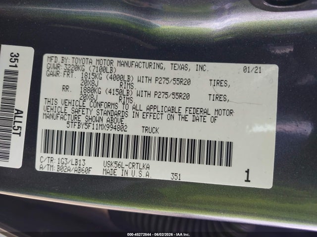 Продаж на аукціоні авто 2021 Toyota Tundra Limited, vin: 5TFBY5F11MX994802, номер лоту: 45272844