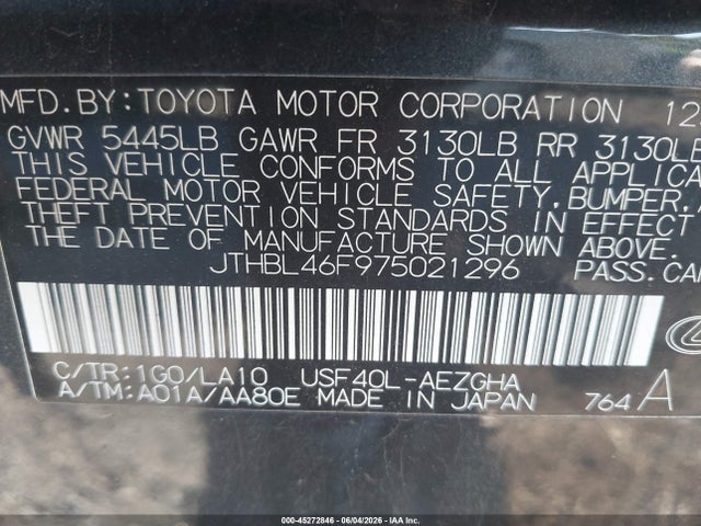 45272846 :رقم المزاد ، JTHBL46F975021296 vin ، 2007 Lexus Ls 460 مزاد بيع