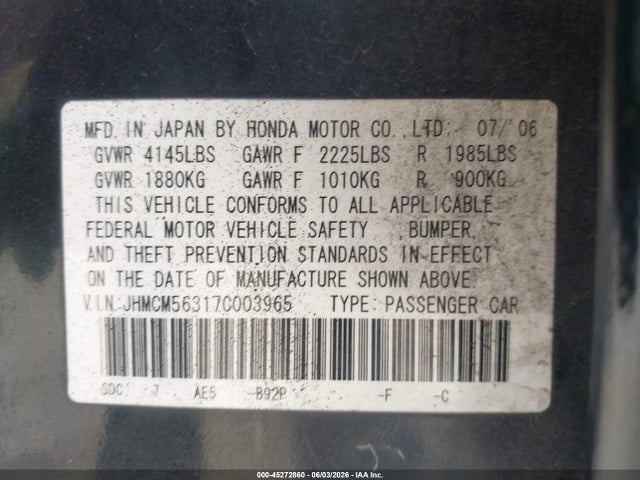 Aukcja sprzedaży 2007 Honda Accord 2.4 Se, vin: JHMCM56317C003965, numer aukcji: 45272860