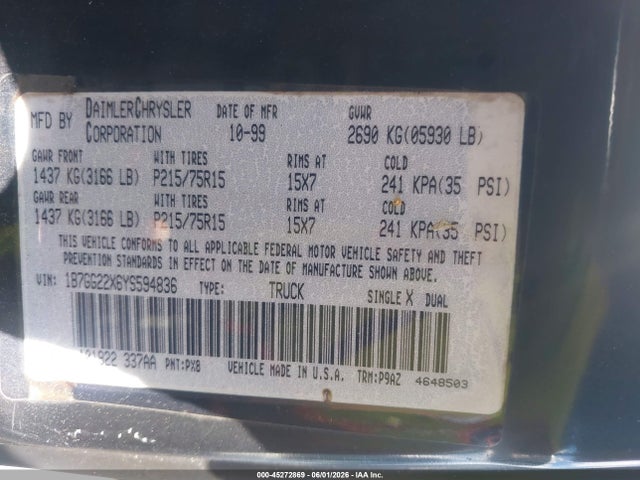 45272869 :رقم المزاد ، 1B7GG22X6YS594836 vin ، 2000 Dodge Dakota Slt/sport مزاد بيع