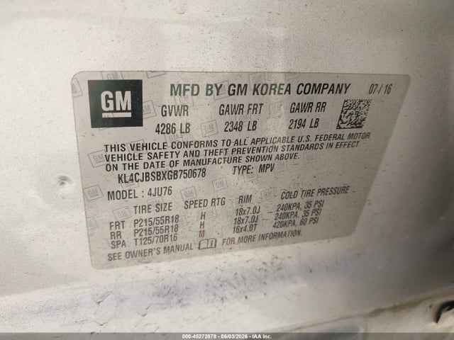 45272878 :رقم المزاد ، KL4CJBSBXGB750678 vin ، 2016 Buick Encore Convenience مزاد بيع