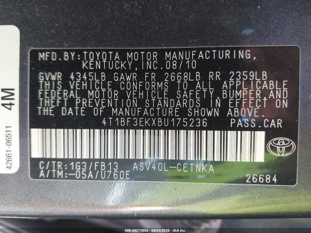45272904 :رقم المزاد ، 4T1BF3EKXBU175236 vin ، 2011 Toyota Camry Le مزاد بيع