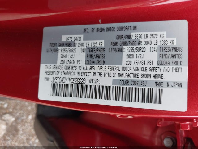Aukcja sprzedaży 2021 Mazda Cx-9 Grand Touring, vin: JM3TCADY1M0529223, numer aukcji: 45272908