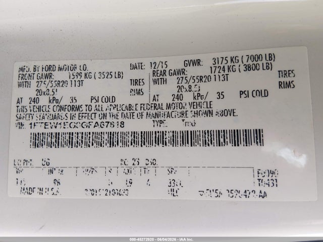 2016 Ford F-150 Platinum მანქანა იყიდება აუქციონზე, vin: 1FTEW1EG0GFA67818, აუქციონის ნომერი: 45272920