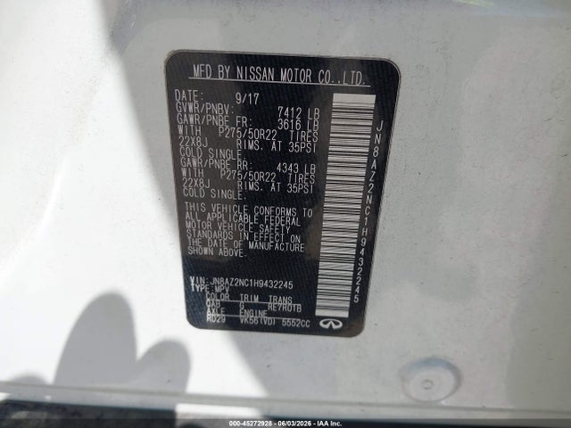 2017 Infiniti Qx80 მანქანა იყიდება აუქციონზე, vin: JN8AZ2NC1H9432245, აუქციონის ნომერი: 45272928