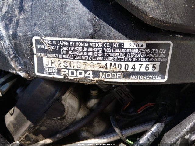 Aukcja sprzedaży 2004 Honda Cbr1000 Rr, vin: JH2SC57074M004765, numer aukcji: 45272961