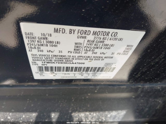 Продажа на аукционе авто 2019 Ford Explorer Xlt, vin: 1FM5K7D85KGA47006, номер лота: 45272970
