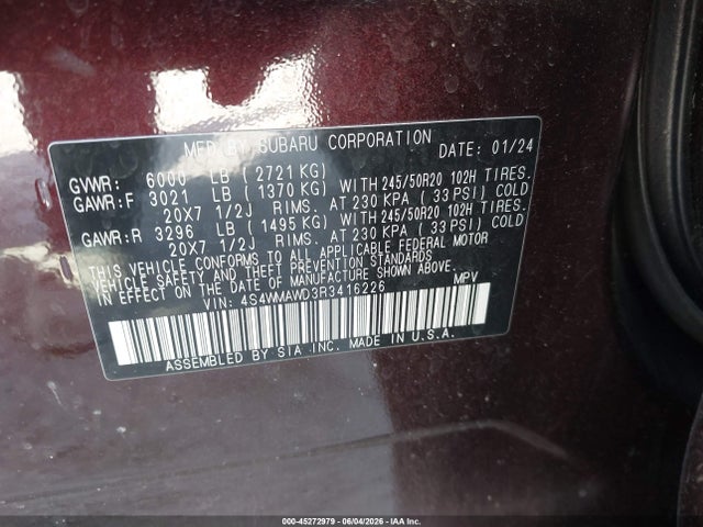 Aukcja sprzedaży 2024 Subaru Ascent Touring 7-passenger, vin: 4S4WMAWD3R3416226, numer aukcji: 45272979
