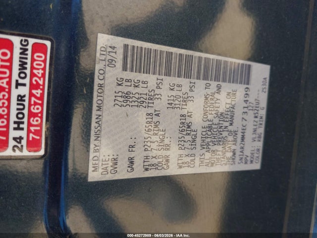Aukcja sprzedaży 2014 Nissan Pathfinder Sv, vin: 5N1AR2MM4EC731499, numer aukcji: 45272989