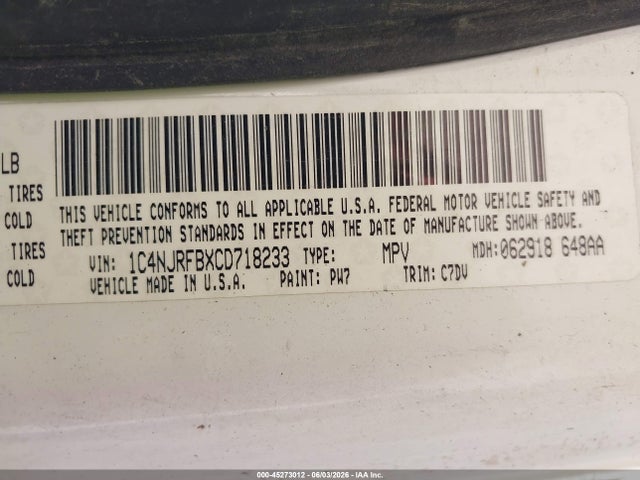 Продаж на аукціоні авто 2012 Jeep Patriot Latitude, vin: 1C4NJRFBXCD718233, номер лоту: 45273012